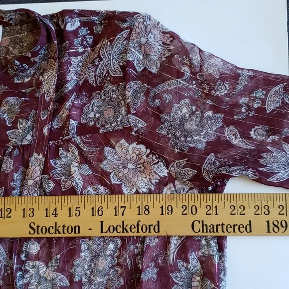 Lucky Brand India Print Boho Top M/L Burgundy Silver - Picture 4 of 5